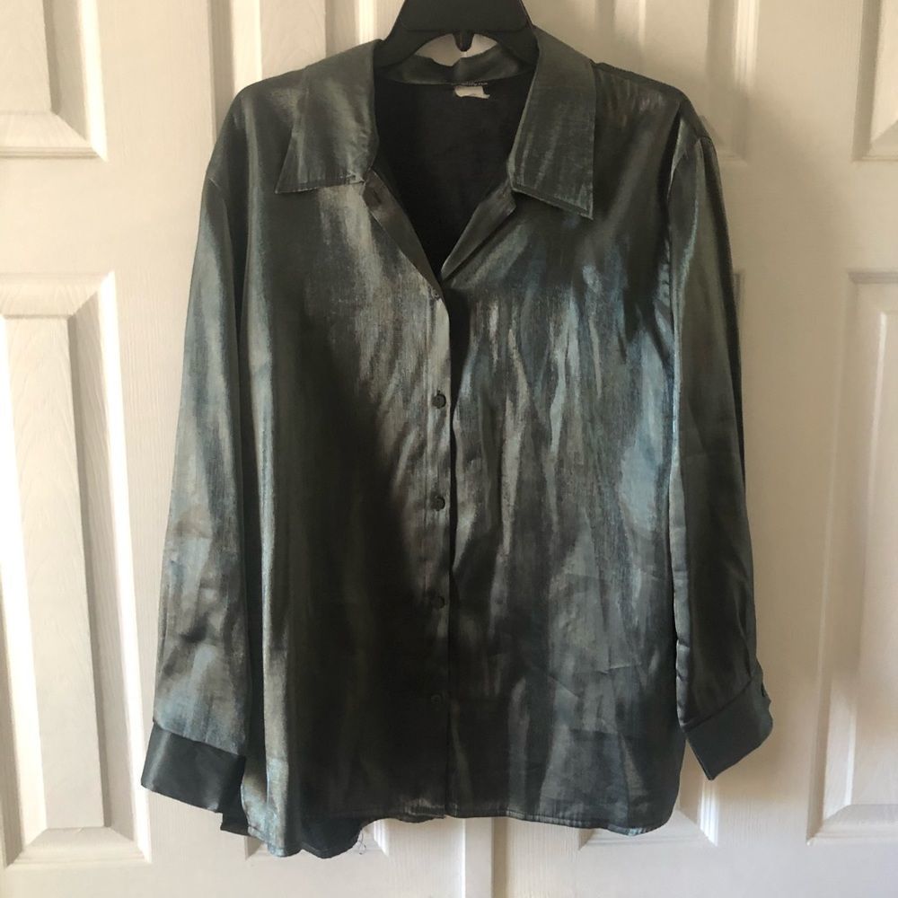 Vintage David Wayne dark green metallic, shiny, silky, button up blouse 1X